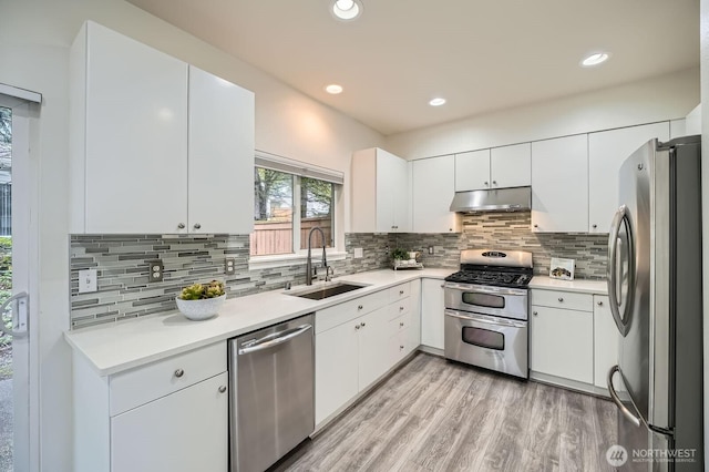 kitchen with appliances with stainless steel finishes, a sink, light wood finished floors, light countertops, and under cabinet range hood