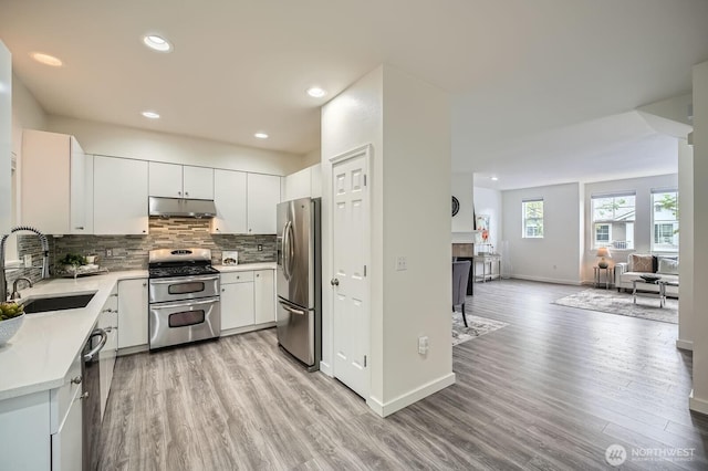 kitchen featuring a sink, stainless steel appliances, light wood-type flooring, tasteful backsplash, and under cabinet range hood