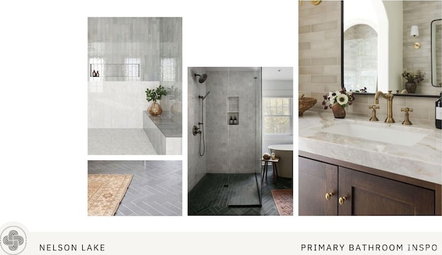 581 Wanawish Loop, Cle Elum, WA 98922 - full bath featuring a walk in shower, tile patterned floors, vanity, and tile walls