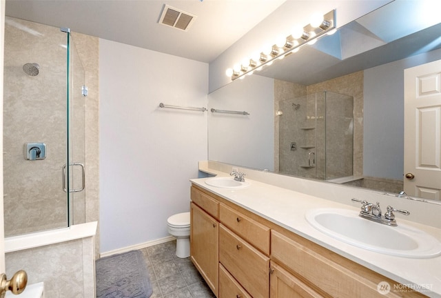 bathroom with toilet, visible vents, a sink, and a stall shower