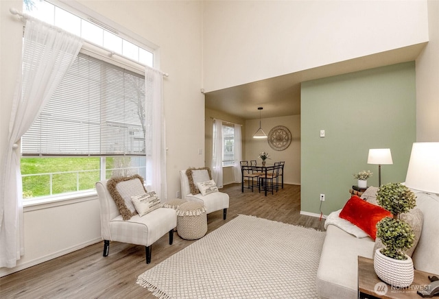 living area with wood finished floors, baseboards, and a towering ceiling
