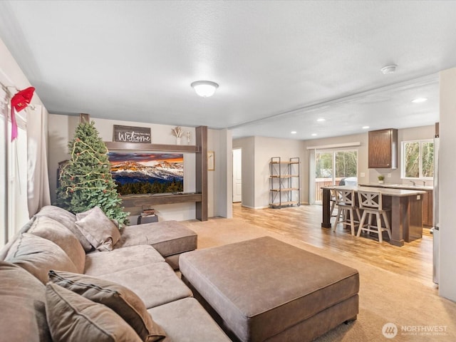 living area with recessed lighting and light wood-style floors