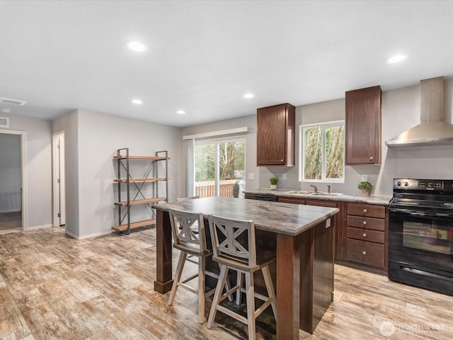 kitchen with light wood-style floors, a sink, a kitchen island, wall chimney exhaust hood, and electric range