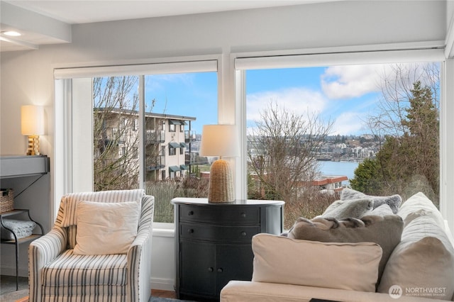 sitting room with a water view