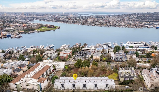 drone / aerial view with a water view