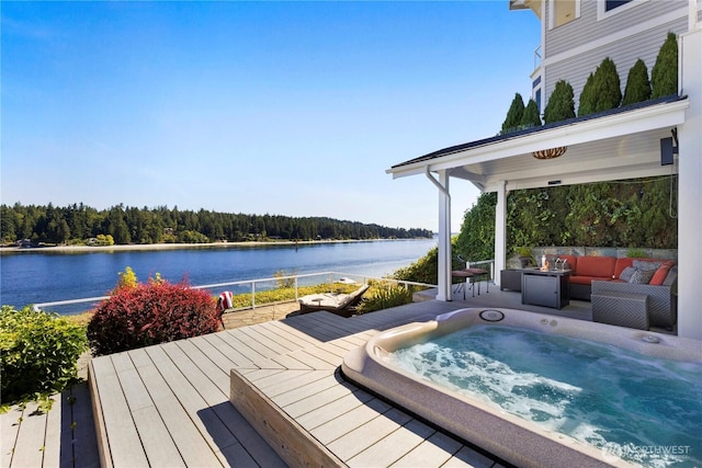 17884 S Angeline Ave NE, Suquamish, WA 98392 - wooden deck featuring a water view, an outdoor living space, and a view of trees