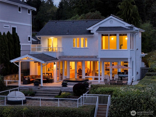 17884 S Angeline Ave NE, Suquamish, WA 98392 - rear view of house with outdoor lounge area, a balcony, roof with shingles, a patio, and stairway