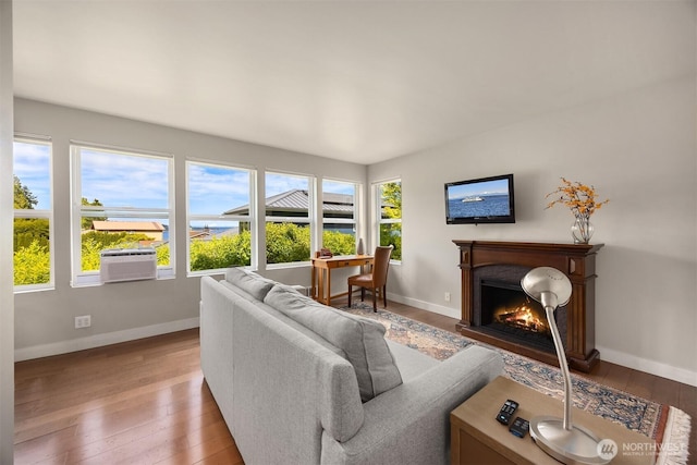 17884 S Angeline Ave NE, Suquamish, WA 98392 - living room featuring light wood finished floors, cooling unit, and a lit fireplace