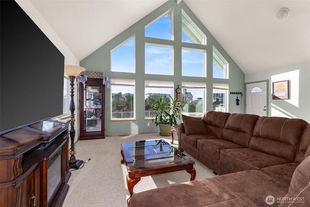 1412 Storm King Ave, Ocean Shores, WA 98569 - living area with carpet floors and high vaulted ceiling