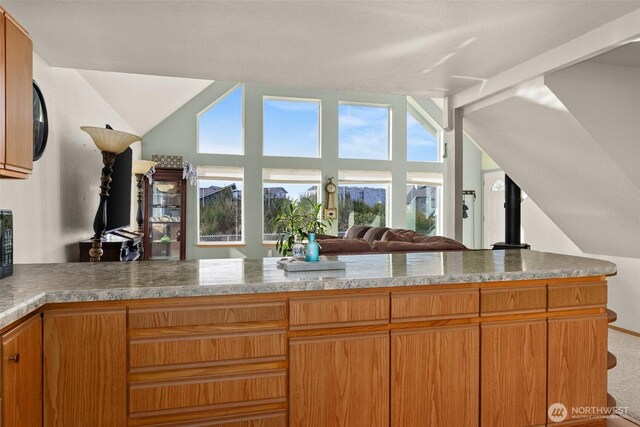 1412 Storm King Ave, Ocean Shores, WA 98569 - kitchen with vaulted ceiling, open floor plan, and carpet floors