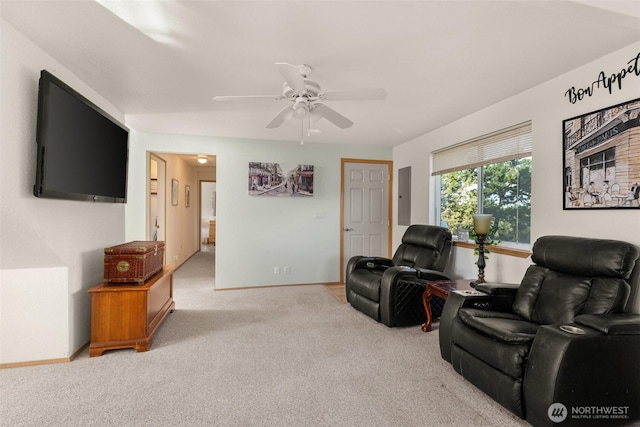1412 Storm King Ave, Ocean Shores, WA 98569 - carpeted living area featuring a ceiling fan and baseboards