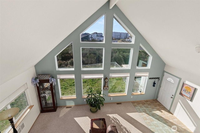 1412 Storm King Ave, Ocean Shores, WA 98569 - living area with high vaulted ceiling and carpet floors