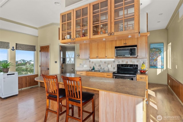 1412 Storm King Ave, Ocean Shores, WA 98569 - kitchen with appliances with stainless steel finishes, light wood-style floors, a sink, decorative backsplash, and ornamental molding