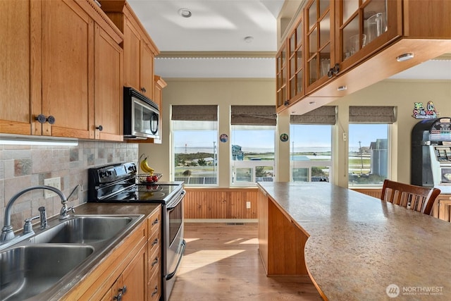 1412 Storm King Ave, Ocean Shores, WA 98569 - kitchen featuring appliances with stainless steel finishes, a sink, healthy amount of natural light, crown molding, and decorative backsplash
