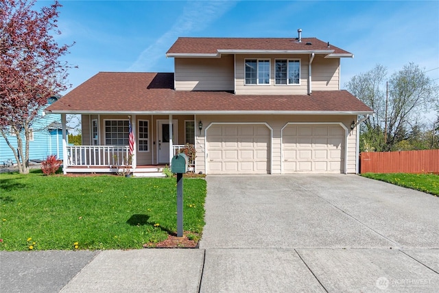 view of front of house featuring driveway, covered porch, fence, a garage, and a front yard