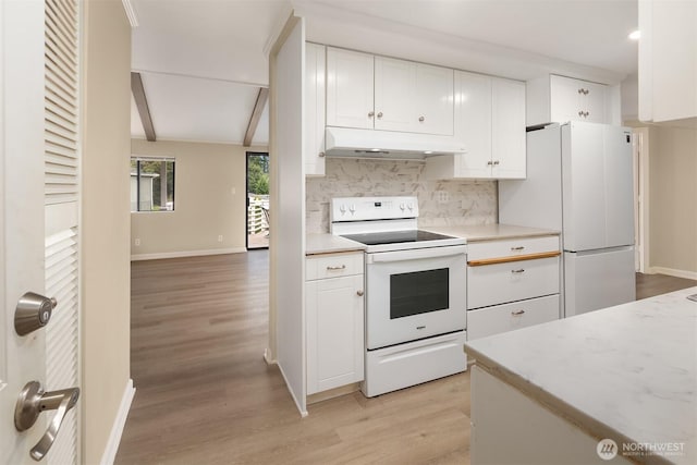 kitchen featuring backsplash, white appliances, exhaust hood, white cabinets, and light countertops