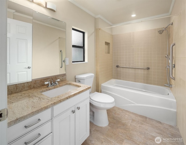 full bathroom with toilet, shower / washtub combination, ornamental molding, and vanity