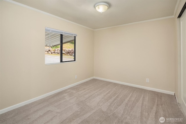 empty room with crown molding, carpet flooring, and baseboards