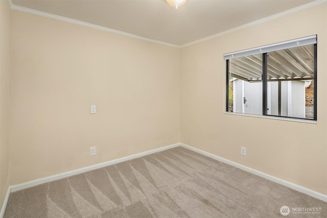 carpeted empty room featuring crown molding and baseboards