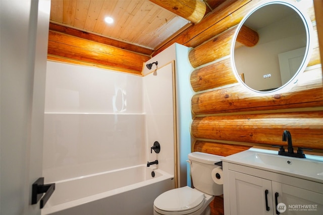 315 Skate Creek Rd N, Ashford, WA 98304 - bathroom featuring wooden ceiling, toilet,  shower combination, vanity, and recessed lighting