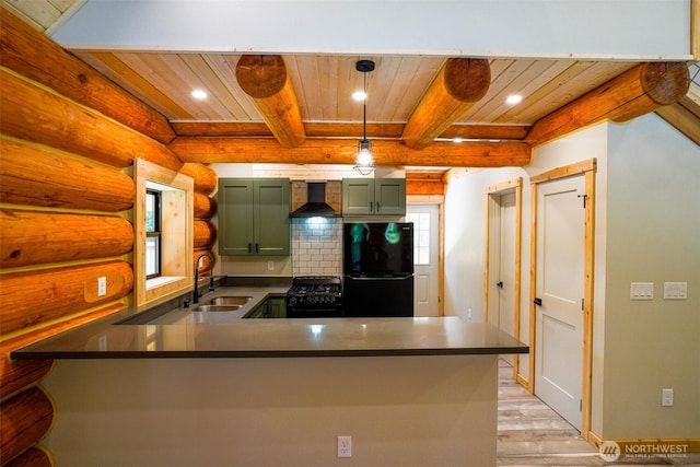 315 Skate Creek Rd N, Ashford, WA 98304 - kitchen with green cabinetry, a sink, black appliances, wood ceiling, and wall chimney range hood
