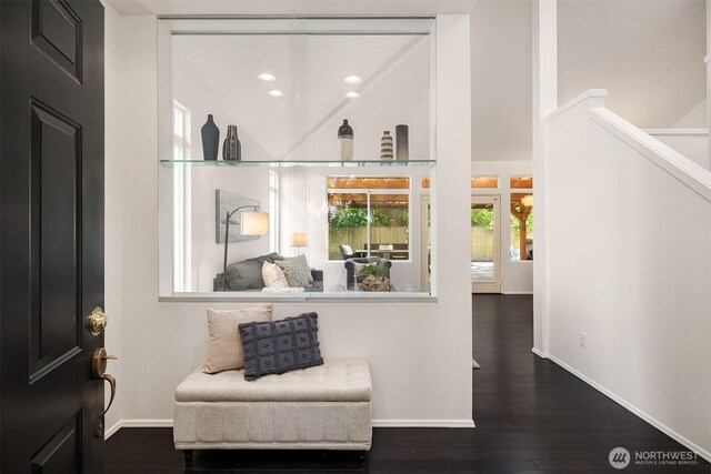 12423 NE 70th St, Kirkland, WA 98033 - entrance foyer with baseboards, wood finished floors, and recessed lighting