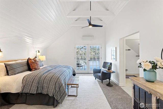 bedroom featuring lofted ceiling with beams, access to outside, a ceiling fan, a wall unit AC, and light colored carpet