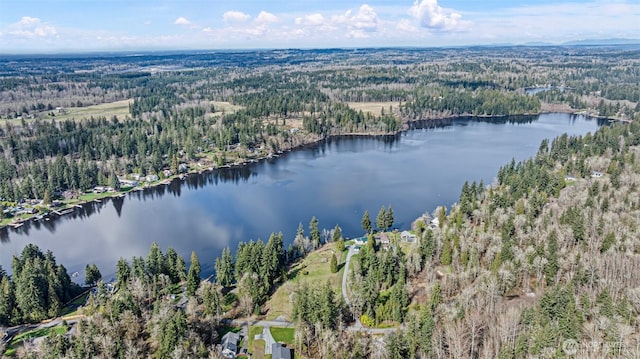 aerial view with a water view and a view of trees