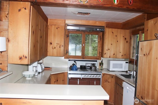 23 Brown Is, Brown Island, WA 98250 - kitchen with white appliances, light countertops, a sink, brown cabinetry, and a peninsula