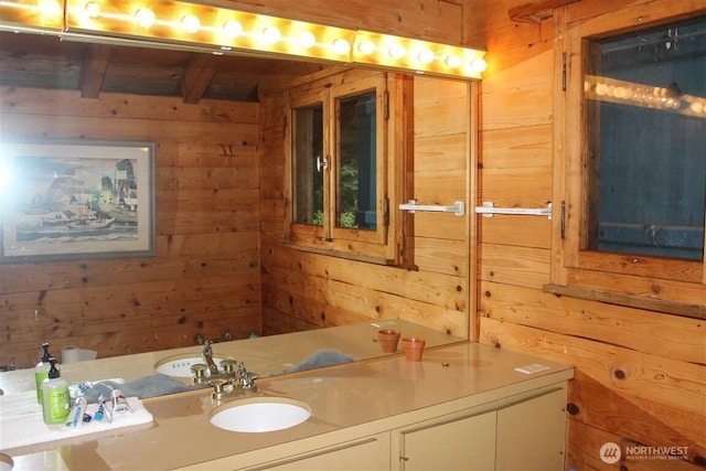 23 Brown Is, Brown Island, WA 98250 - bathroom with wood walls, vanity, and beam ceiling
