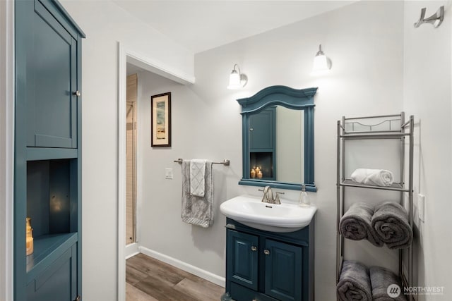 22789 S Kingston Rd NE, Kingston, WA 98346 - full bathroom with baseboards, walk in shower, wood finished floors, and vanity