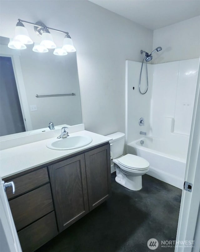 full bathroom featuring shower / bathing tub combination, toilet, concrete floors, and vanity
