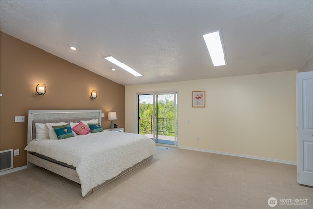 bedroom with visible vents, light carpet, access to exterior, baseboards, and vaulted ceiling