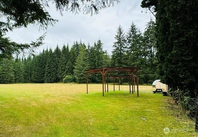 view of community with a lawn and a view of trees
