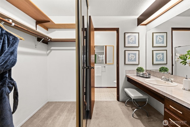 spacious closet featuring light colored carpet and a sink