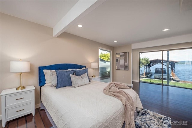 bedroom with access to outside, beam ceiling, dark wood finished floors, recessed lighting, and baseboards