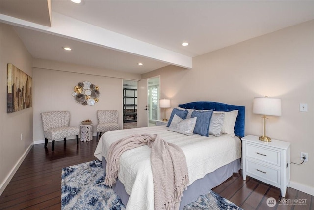 bedroom featuring recessed lighting, baseboards, dark wood finished floors, and beam ceiling