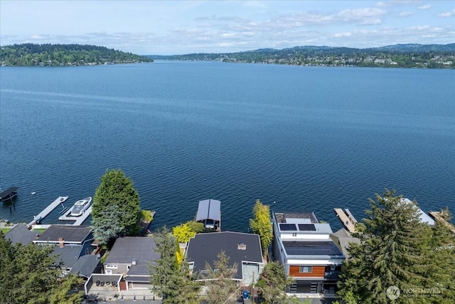 birds eye view of property with a water view