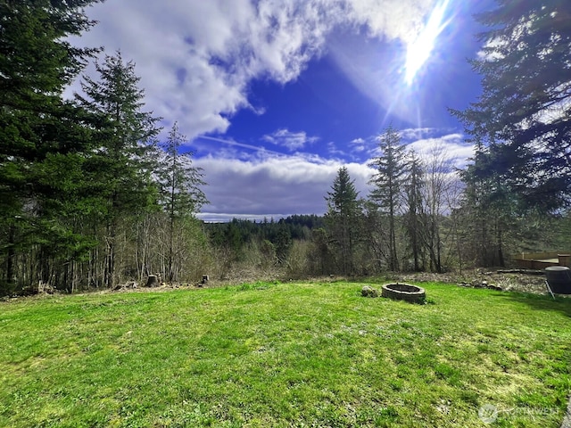 view of yard featuring a view of trees and a fire pit
