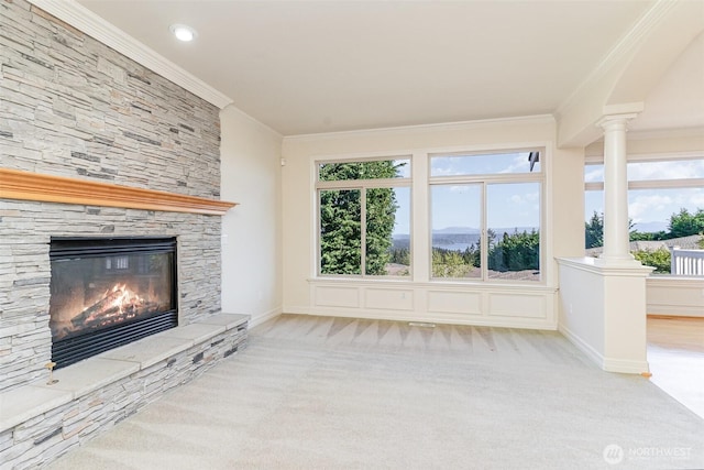 15832 SE 45th St, Bellevue, WA 98006 - unfurnished living room with decorative columns, carpet flooring, a fireplace, and ornamental molding