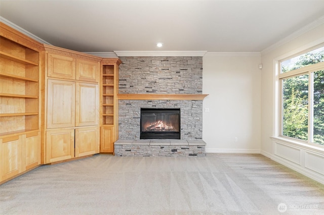 15832 SE 45th St, Bellevue, WA 98006 - unfurnished living room with light colored carpet, baseboards, crown molding, and a fireplace