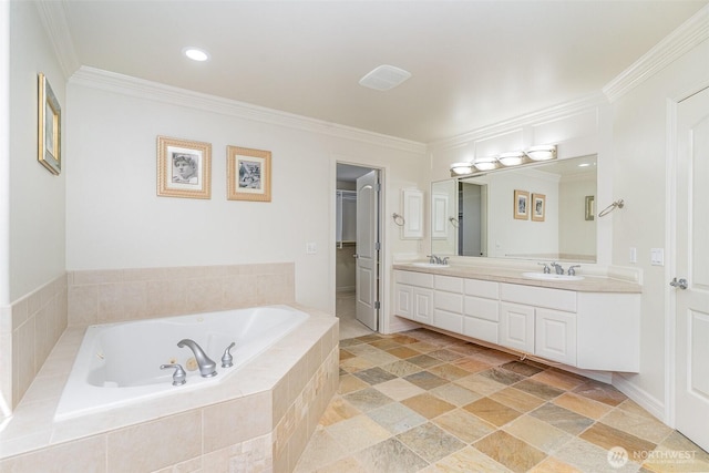 15832 SE 45th St, Bellevue, WA 98006 - bathroom with a whirlpool tub, double vanity, ornamental molding, and a sink