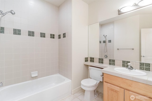 15832 SE 45th St, Bellevue, WA 98006 - bathroom featuring tasteful backsplash, tile patterned floors, vanity, shower / bath combination, and toilet