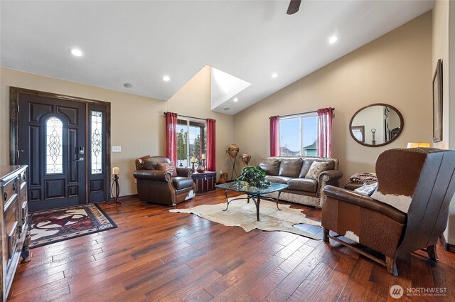 3609 Lakeshore Dr, Moses Lake, WA 98837 - living area with hardwood / wood-style flooring, a skylight, recessed lighting, high vaulted ceiling, and ceiling fan