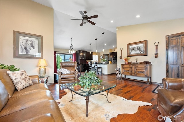 3609 Lakeshore Dr, Moses Lake, WA 98837 - living area featuring a ceiling fan, wood finished floors, high vaulted ceiling, recessed lighting, and baseboards