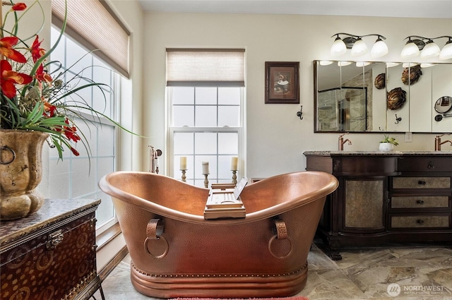 3609 Lakeshore Dr, Moses Lake, WA 98837 - full bathroom with vanity, a shower with door, and a freestanding bath