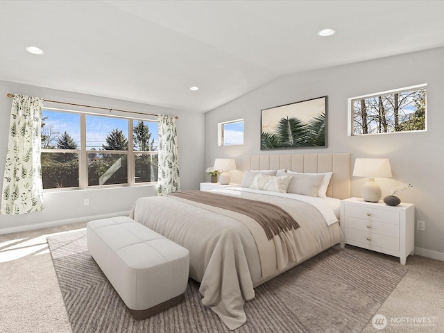 11521 SE 236th St, Kent, WA 98031 - bedroom with light carpet, baseboards, lofted ceiling, and recessed lighting