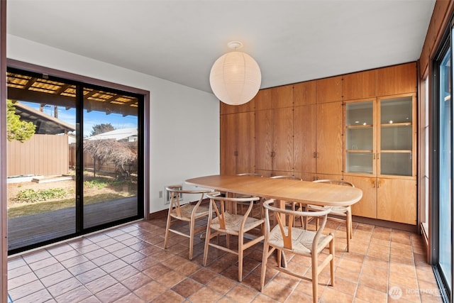 dining space with wood walls