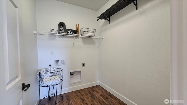 washroom with hookup for an electric dryer, dark wood-style flooring, hookup for a washing machine, baseboards, and laundry area