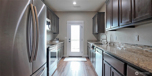 kitchen with visible vents, stainless steel appliances, dark brown cabinets, a sink, and light wood-style floors
